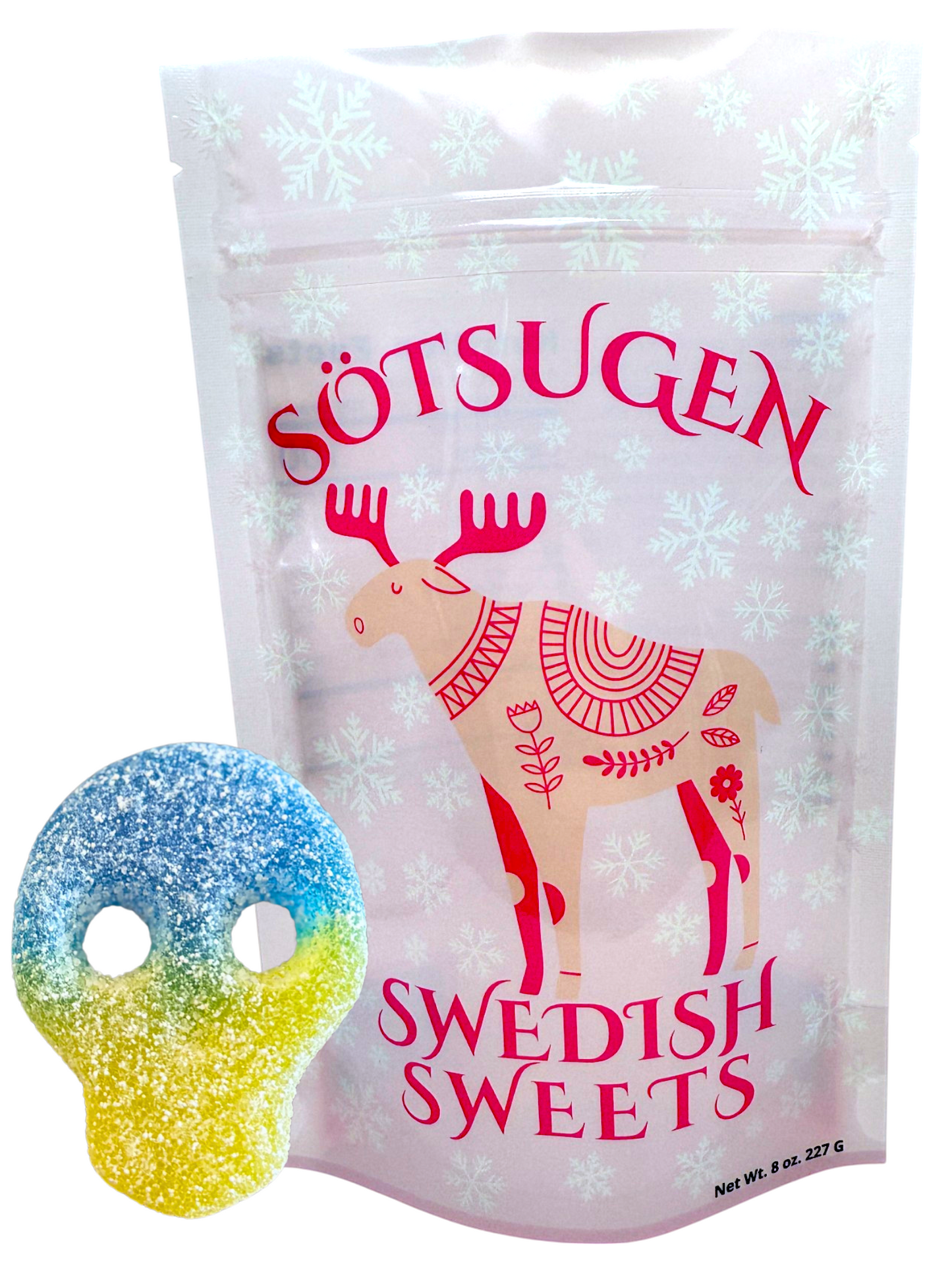 Sacks of Sötsugen Swedish Sweets with a colorful skull-shaped candy in front.