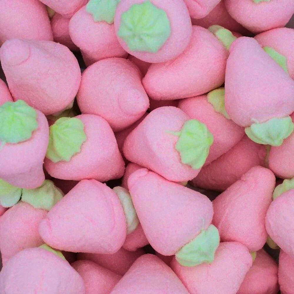 Close up of strawberry marshmallows – soft pink Swedish candy with fruity strawberry flavor