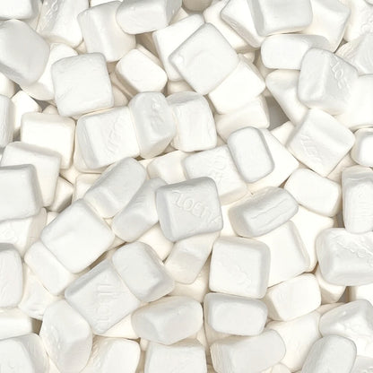 Close up of Sockerbitar vanilla marshmallows – white Swedish candy cubes